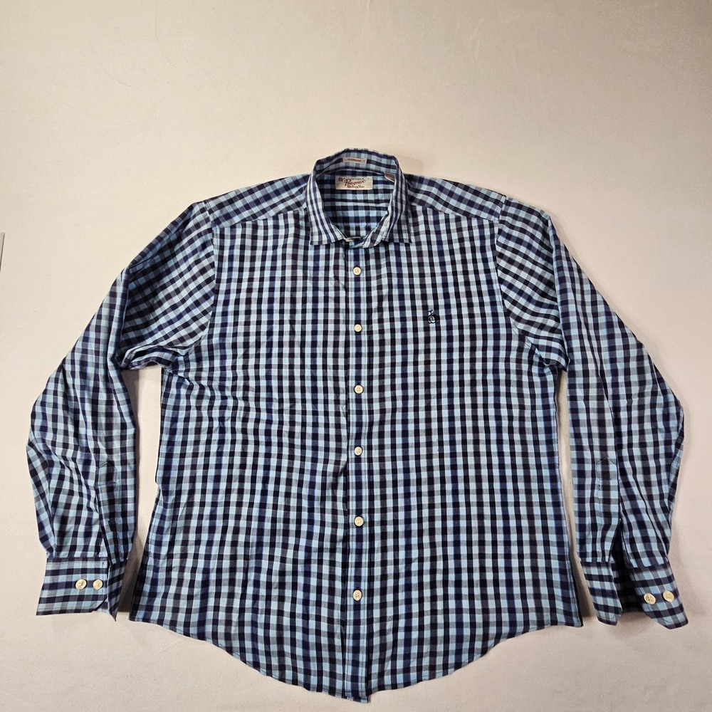 Penguin Munsingwear Blue Check Long Sleeve Button-Up Cotton Blend Shirt Men's L